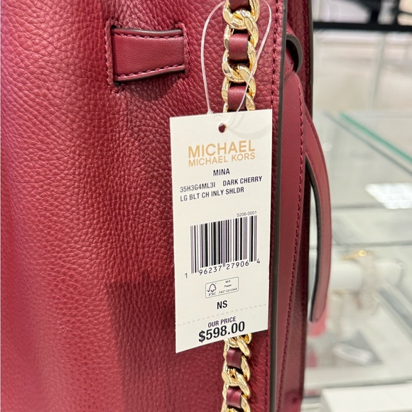 Michael Kors Mina Large Chain Shoulder Pebbled Leather Bag Dark Cherry - Picture 12 of 14